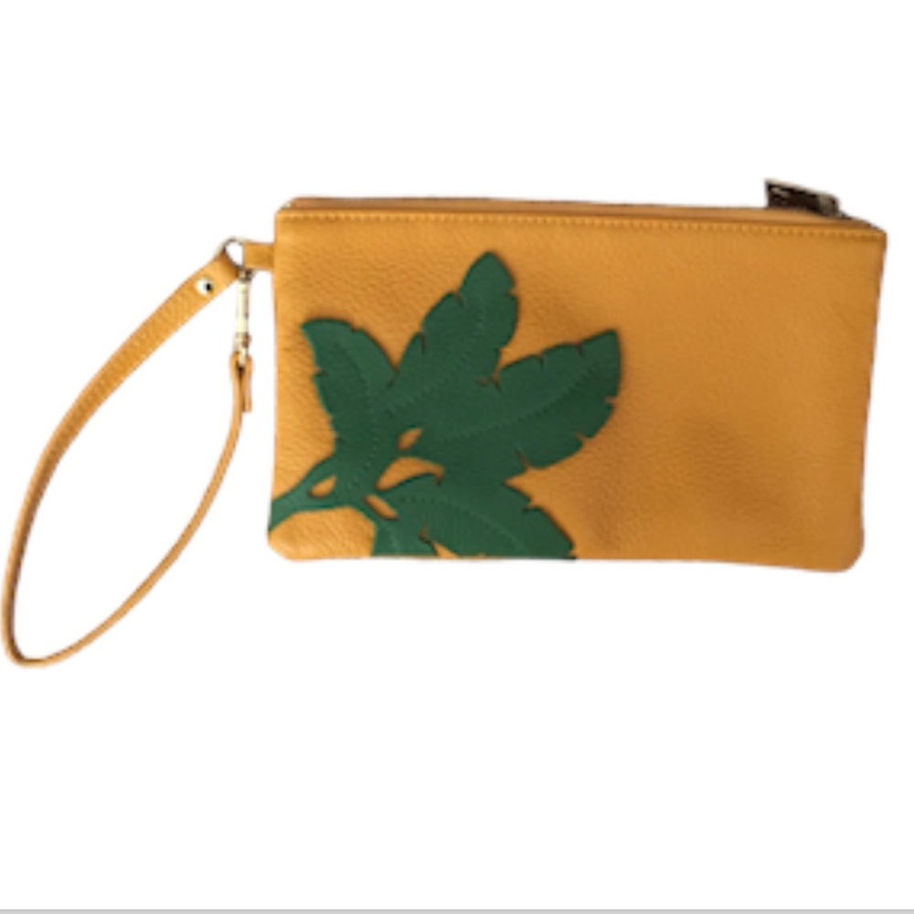 Ora Delphine Palm Leaves Wristlet Wallet Clutch Mustard Pebbled Leather